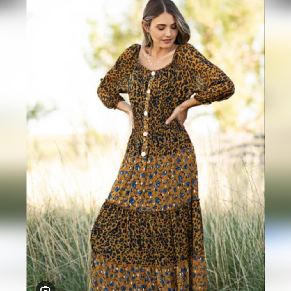 fig and flower Anthropologie Tiered Leopard-Print Maxi Dress